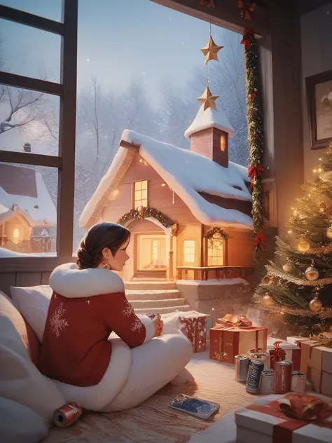  Very detailed,  High Resolution , ​masterpiece, Sharp focus,  Official Art  , Romantic , Christmas,  บรรยากาศ Christmas, Inside the house,,  relaxed atmosphere , happiness, Cant see a face