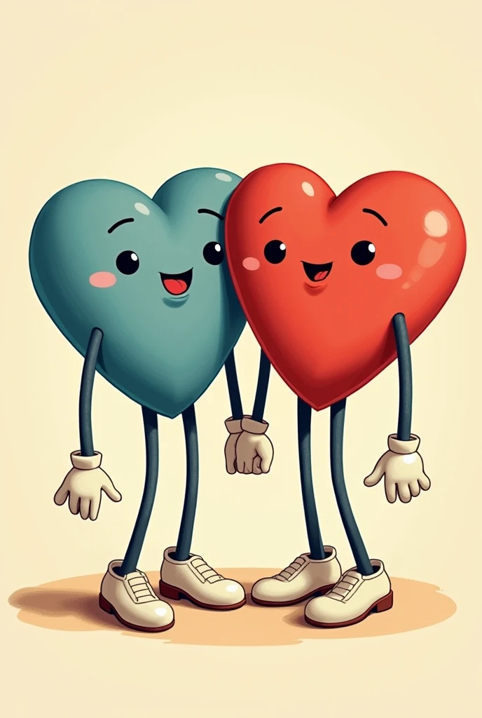 Animated retro cartoon style illustration from the 1930s of two chill hearts, one blue and the other red, wearing both gloves and white shoes