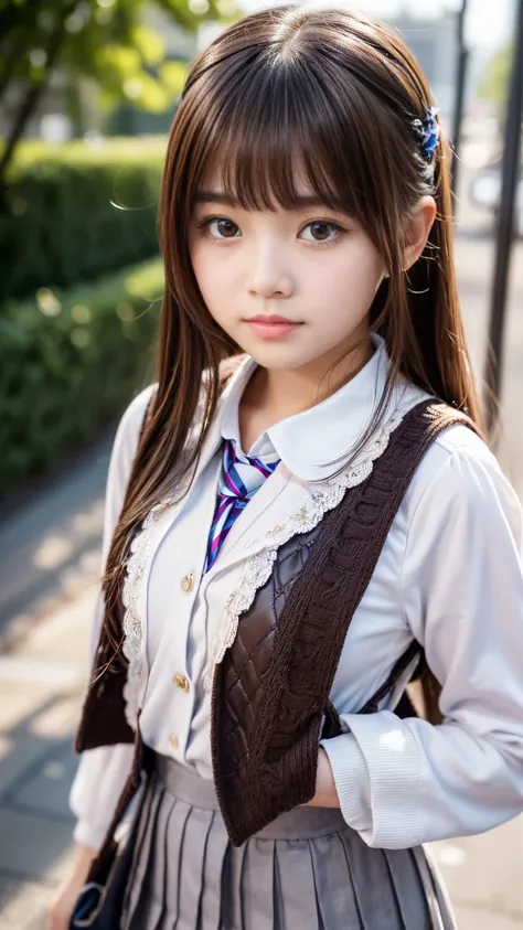   Extremely elaborate in beautiful portrait detail in realistic high school girl ,  in、 has a very serious and gentle look  . 長年の経験There is,   soft,  の流れるような茶色の髪とbangs ,     big, natural brown eyes   、   transparent double eyelid    ,  SMALL AND CUTE NOSE ...