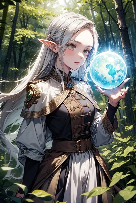 , a girl with elven long ears ,  with white silver hair up to the waist ,  with white eyes ,  dressed in a magical uniform , she has a ,  sphere in her hands that glows green, There is a forest around her, It hovers above the ground