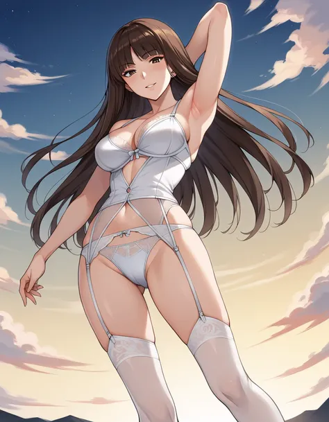 score_9, score_8_up, score_7_up, source_anime , BREAK nishizumi shiho, 1girl, mature female, blunt bangs, long hair, brown hair, straight hair, brown eyes, formal, standing, cowboy , looking at viewer,, dutch angle, sunset, gradient sky, night sky, horizon...