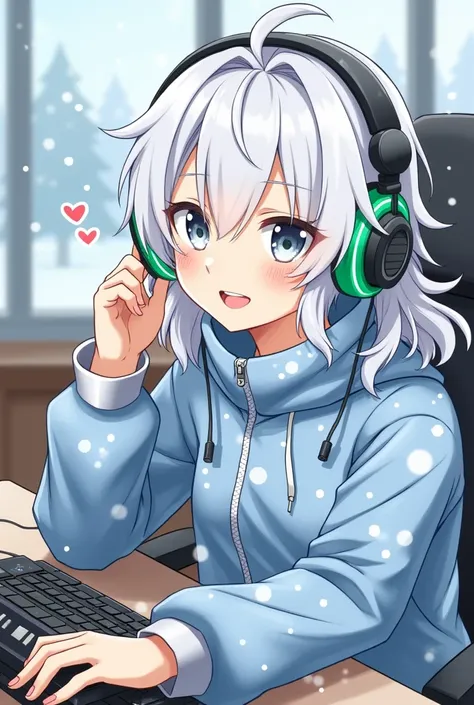  Character named Snowvaxt, Profile photo,  clothing based on snow ,  with DJ headphones , happy, gray eyes,  white hair, snowy . man,  anime style, Semi-long hair, wavy, Green headphones, sitting at a computer, with a Satoru Gojo on the side.