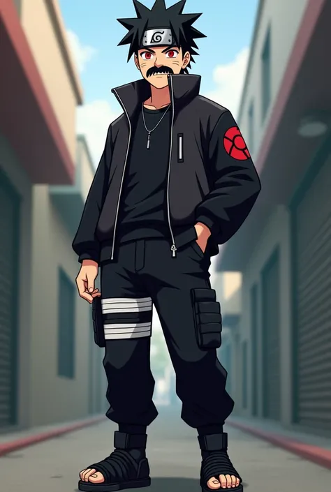  make a fictional male  character inspired by the ANIME NARUTO, Does he have a konoha headband ,  Red Eyes,  TikToker-style black hair, Do a  "bar-code",  mustache with black sneakers ,  black pants , And standing. s face make a less Mexican mustache and a...