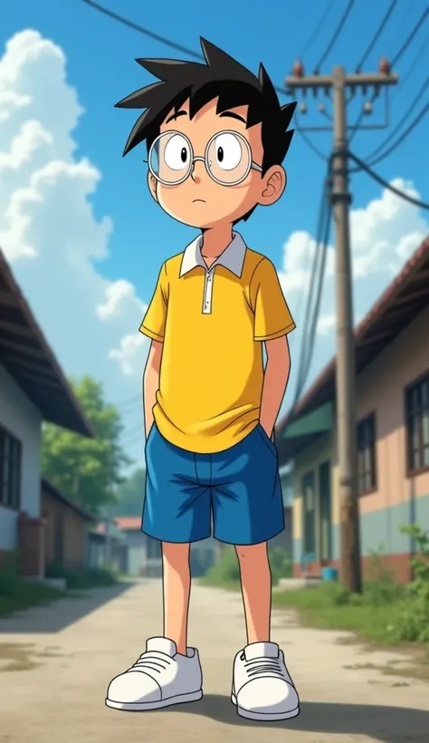 real life portrait of nobita cosplay  in doraemon carton real version, wearing a yellow shirt with a white collar, clear round glasses, blue shorts, white shoes, black hair, he poses looking at the camera, street background, rural indonesia, housing jakart...