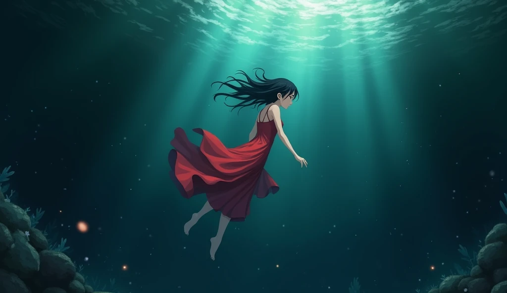 
A woman , wearing a red dress , diving into the depths of the dark murk ,  anime style 