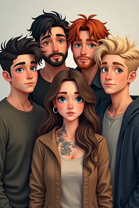 Four 22-year-old men without beards and a 22-year-old woman , one with black hair and blue eyes and tattoos   ,  the second with blond hair and blue eyes   , the third redhead and green eyes and the fourth light brown hair and brown eyes ,  and the girl wi...