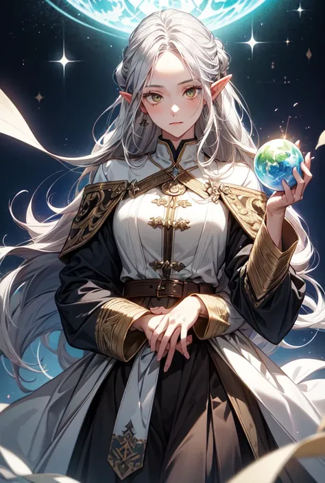 , a girl with elven long ears ,  with white silver hair up to the waist ,  with white eyes ,  dressed in a magical uniform , she has a ,  sphere in her hands that glows green,  around her magic academy, she hovers above the groundSolo ,  long hair ,  looks...