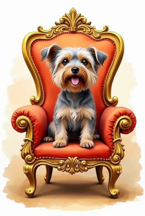 Watercolor drawing, mix of yorkshire terrier and mini schnauzer, hair color gray and brown in the mouth, sitting on a golden throne bigger than him, smiling happily.
