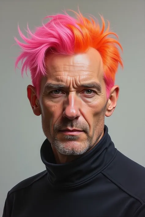 Face of a man with pink orange hair painted with oil