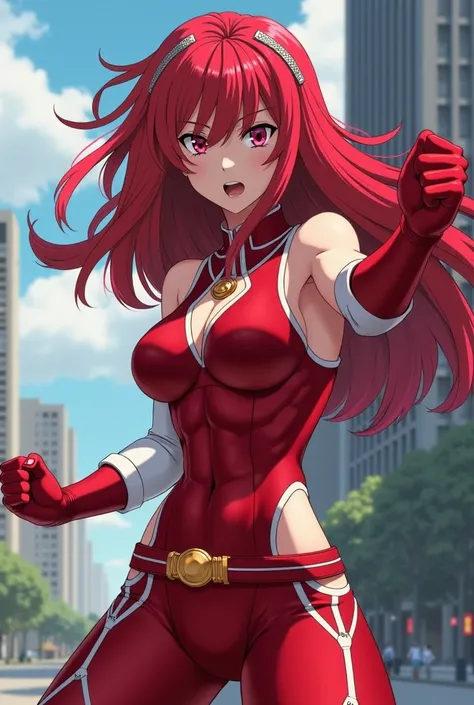  My Hero Academia style ,   anime girl , woman, young woman ,  full body shot ,( Fighting Stance :1.3),Long Hair,  red hair,   brown eyes , hero suit, Full Body Suit,  red suit with white details, perfect anatomy,  enhanced abs , super detailed,(building:1...