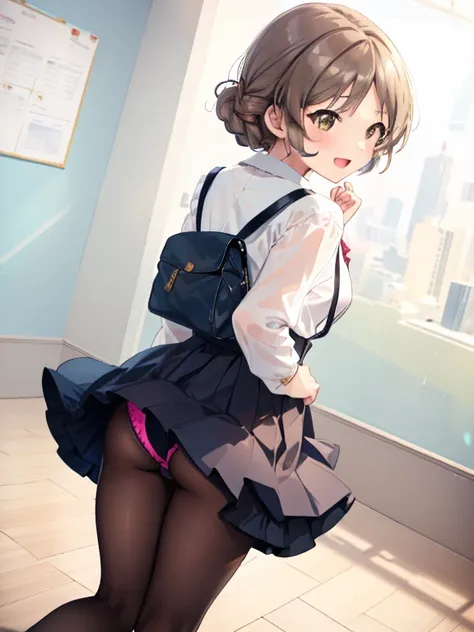  top quality,  Masterpiece  ,  super high resolution ,　  beautiful legs　Beautiful upper body 　Beautiful lower body　 well-balanced body　 Two perfect legs　完璧の五本指 beautiful eyes detailed eyes detailed face　 thin black pantyhose red school bag　School route　ful...