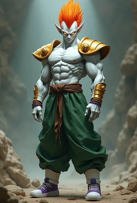 Male,Dragon Ball Z type character, with white skin, orange hair, a mohawk haircut, green pants, with gold shoulder pads, long ears, no shirt, strong body, short stature, white and purple shoes.