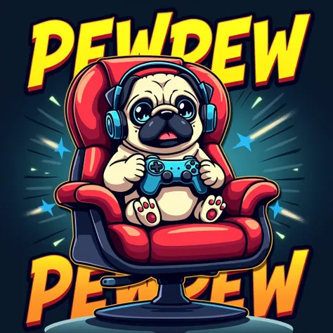 creative,edgy,comic style,bright colors T-shirt design featuring a cartoon pug dog sitting in a detailed gaming chair.The pug have exaggerated,cute features wear a gaming headset while holding a video game controller. Render the gaming chair with a bold,sl...