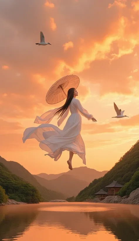 Screen subject：A woman in a white ancient costume long skirt，The clothes are fluttering，Holding an antique oil-paper umbrella，Slowly falling from the sky filled with sunset glow。
 Environmental details ：The sky is filled with fiery clouds，There are several...