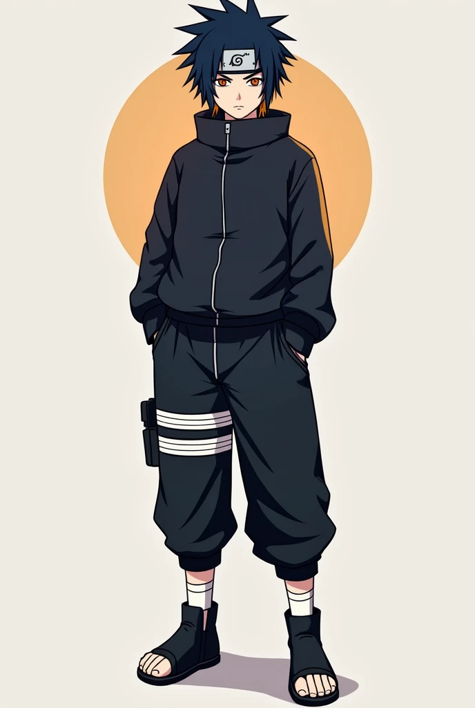 Make a fictional male  character inspired by the ANIME NARUTO, He has dark blue hair with some orange highlights, He has a konoha headband , orange eye, black long-sleeved shirt,  black pants , black tennis, Do it standing