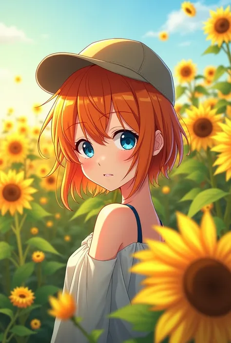 chica estilo anime, with orange hair, ojos azules, Wearing a hat in a field of sunflowers