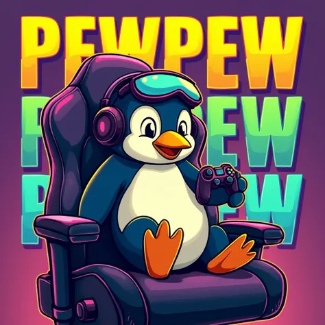 creative,edgy,comic style,bright colors T-shirt design featurin a cartoon penguin character sitting in a detailed gaming chair.The penguin have exaggerated, cute eyes and wear a gaming headset while holding a video game controller.Render the gaming chair w...