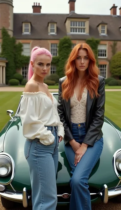 two models pose on the hood of a green Jaguar e-type car in front of an English manor. They are both dressed in posh attire. The woman on the left has pink hair in a ponytail and is in a loose-fitting white top and jeans. The woman on the right has long, w...