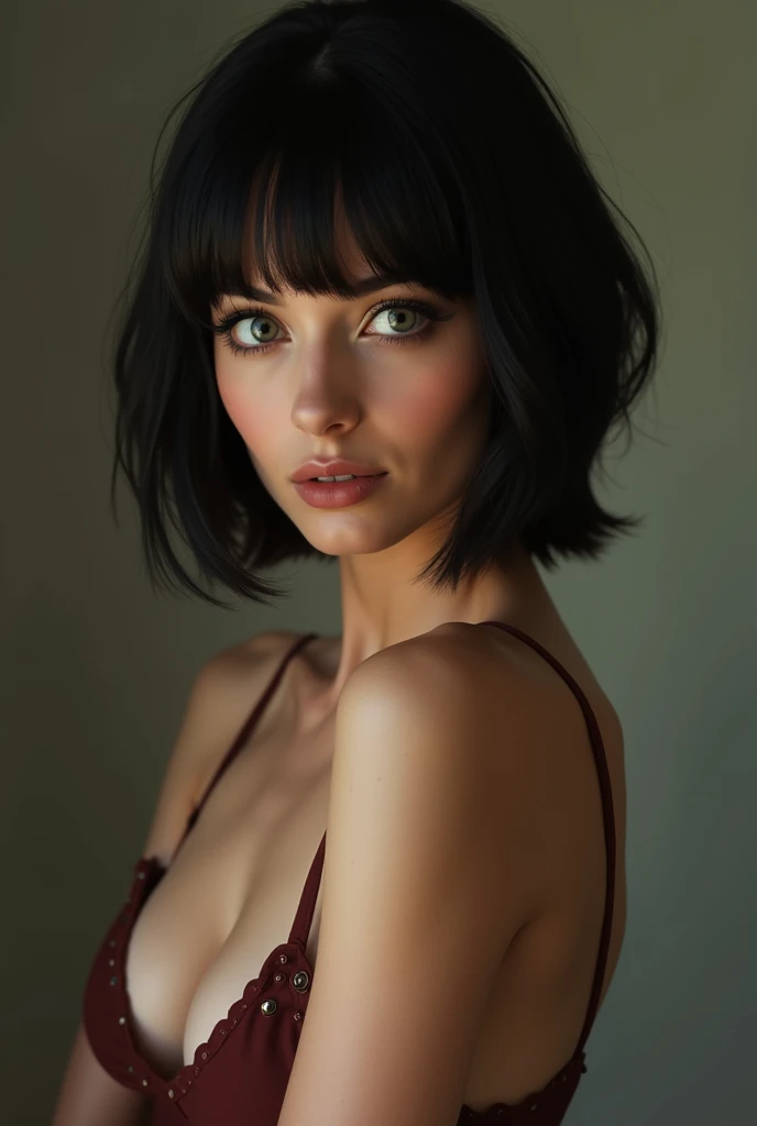  A southerner with short black hair,  that go up to your shoulders .  She is half naked and yet elegant . And look at me in the eyes . The hair is straight.