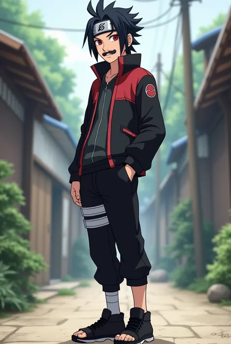  make a fictional male  character inspired by the ANIME NARUTO, Does he have a konoha headband ,  Red Eyes,  TikToker-style black hair, A s mustache ,  mustache with black sneakers ,  black pants , And standing. Make the character handsome.