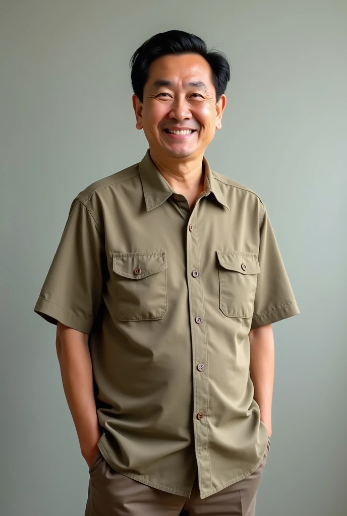 Create a virtual photo of a fat Thai male teacher, about 33 years old, with black hair, wearing an old khaki office dress, standing and smiling for the camera.