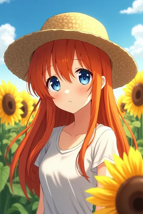 Anime style girl with long orange ,  with blue eyes ,  hair wearing a straw hat in a sunflower field