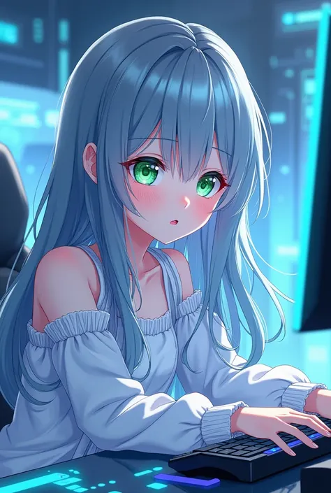 Anime girl with silver blue hair,hazel green eyes,gaming