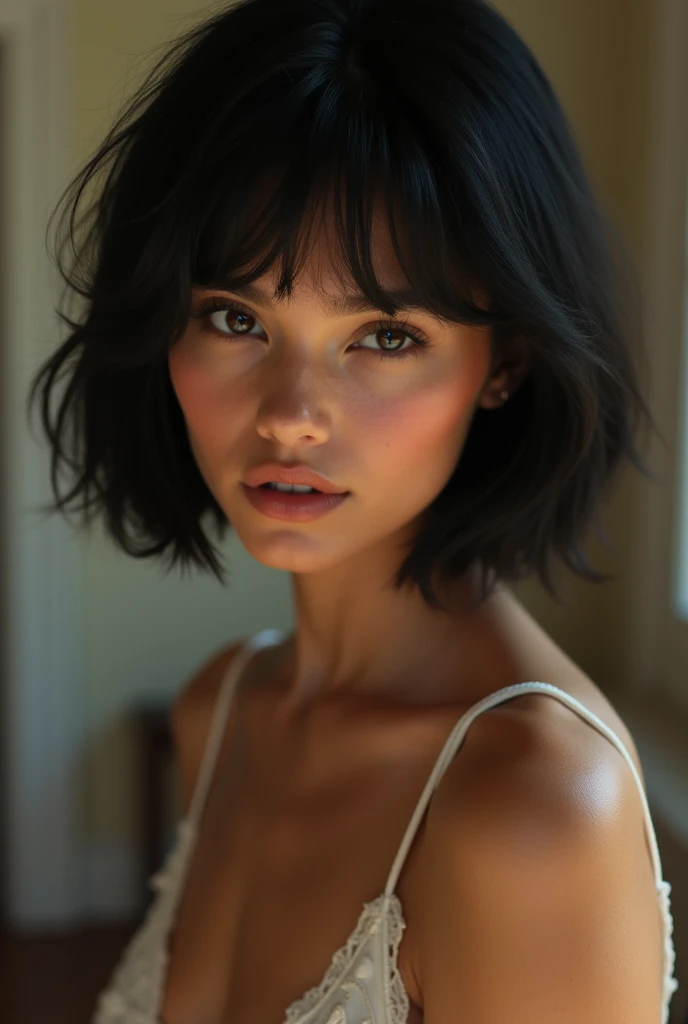  A southerner with short black hair,  that go up to your shoulders .  She is half naked and yet elegant . And look at me in the eyes . The hair is straight. The skin color is slightly brownish
