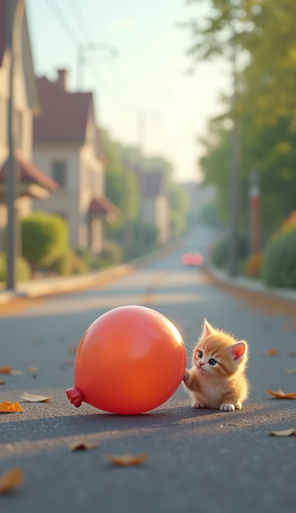 Balloon without Air lying with cute kitten on the raod the cute kitten insured 