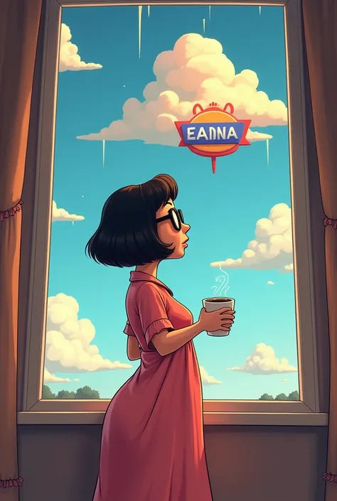 Edna in young mode with a bob haircut, black glasses, in silk nightgown, big breasts, standing in front of her window with a cup of coffee, a little stressed, looking at a sign in the sky that says "chromatic", Pixar style, cartoon, humor, comic strip, ink...