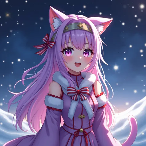  1 girl, alone,   Neko Galaxy background polar lights long hair, Purple hair, pink hair, Cat ears, smile, Open Mouth, Red lips, hair accessories, headband, anime, View Bon front wide angle ,  shoulder long latex dress Christmas 