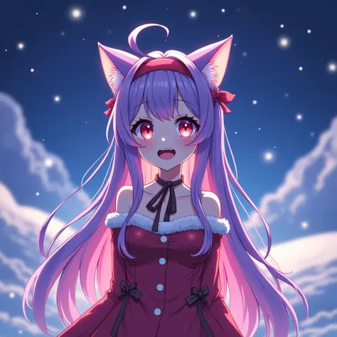  1 girl, alone,   Neko Galaxy background polar lights long hair, Purple hair, pink hair, Cat ears, smile, Open Mouth, Red lips, hair accessories, headband, anime, View Bon front wide angle ,  shoulder long latex dress Christmas 