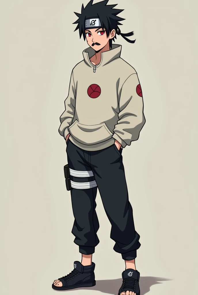  make a fictional male  character inspired by the ANIME NARUTO, Does he have a konoha headband , He is from the Uchiha clan , has red eyes,  TikToker-style black hair,  he wears a light sweatshirt ,  he is a heartthrob and very handsome,  mustache with bla...