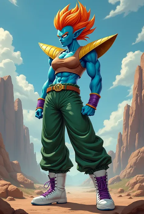 Woman,Dragon Ball Z type character, with Blue skin, Brown Tank Top ,orange hair, a mohawk haircut, green pants, with gold shoulder pads, long ears, no shirt, strong body, short stature, white and purple shoes.