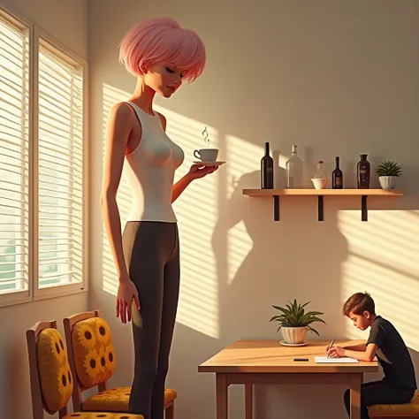 A cozy indoor dining room scene with two characters. A giant woman with a slender and tall figure, sitting on a chair that looks small compared to her size, her height and proportions towering over the environment. She has short, pastel pink hair, wearing ...