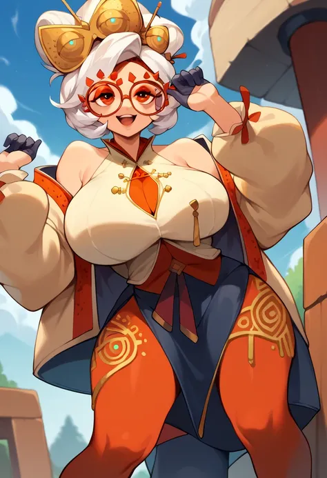 score_9, score_8_up, score_7_up, score_6_up, score_5_up, score_4_up, (source_anime), purah,
1girl,  huge breasts, narrow waist, thick thighs,  hair ornament, red headband, red glasses, sleeveless shirt, white coat, black skirt, red leggings, gloves, high h...