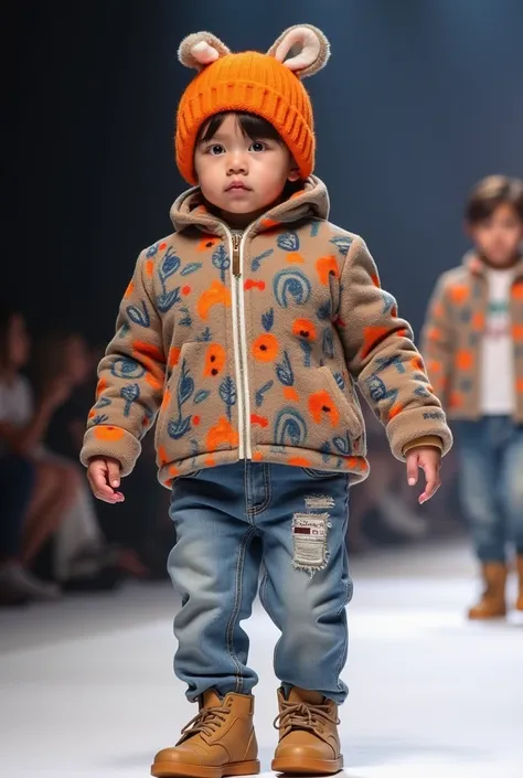 Baby boy stylish colourful outfit and rabbet walking in fashion show 