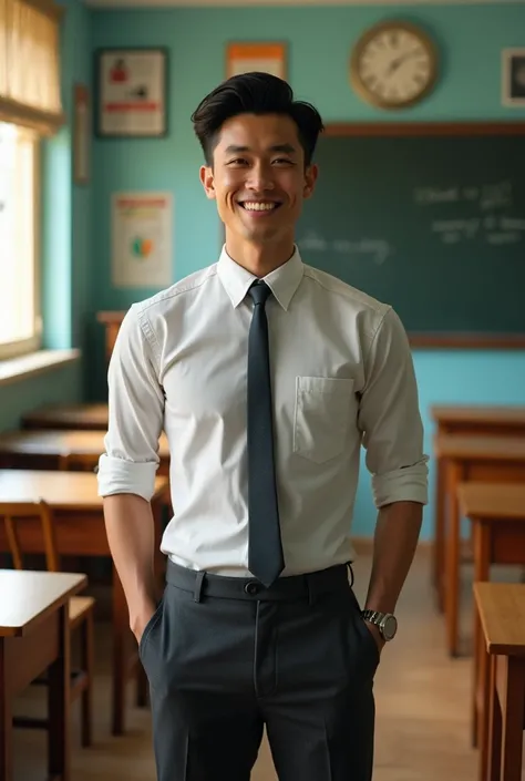 [Super cool Thai male teacher] with a short vintage hair style, dressed in a work outfit [standing facing the camera] classroom environment [morning]