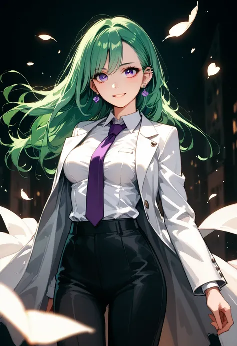 score_9, score_8_up, score_7_up, 1girl, (medium breasts:1.4),shiny eye, (smile:0.7), luxury hotel, great, standing,straight on, from the front:1.4), hands out, 
BREAK green hair, long hair, purple eyes, ear piercing,
BREAK ,white jacket, formal, coat, coll...