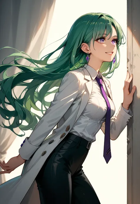 score_9, score_8_up, score_7_up, 1girl, (medium breasts:1.4),shiny eye, (smile:0.7), luxury hotel, great, standing,straight on, from the front:1.4), hands out, 
BREAK green hair, long hair, purple eyes, ear piercing,
BREAK ,white jacket, formal, coat, coll...