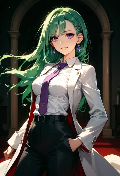 score_9, score_8_up, score_7_up, 1girl, (medium breasts:1.4),shiny eye, (smile:0.7), luxury hotel, great, standing,straight on, from the front:1.4), hands out, 
BREAK green hair, long hair, purple eyes, ear piercing,
BREAK ,white jacket, formal, coat, coll...