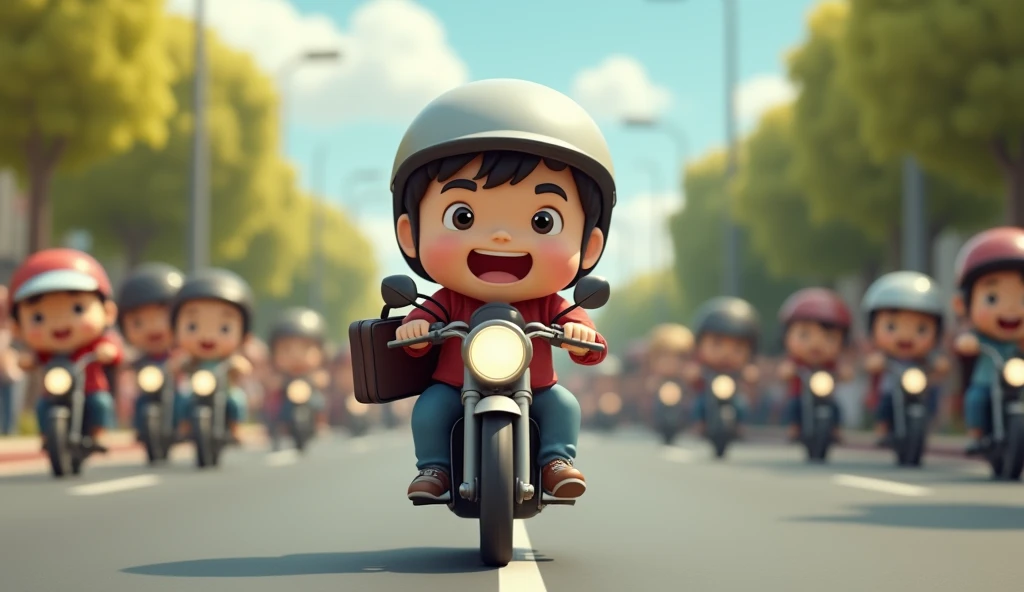 Photo of a father carrying his son sitting in the back wearing a briefcase,  both of them wearing helmets,riding a motorcycle, running on the road , there are many other people around , in chibi style 3d

Mode 