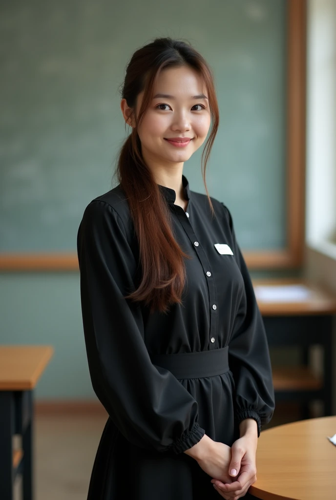 34 years old Half Thai Chinese Female Teacher with brown long hair and tie hair, White skin, Narrow eyes, Black dress long sleeve, Standing face to camera in classroom