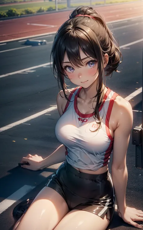 realisticlying，((upper body:1.3))、extremely detailed CG、high resolution、absurderes:1.8、detailed background:1.3、、detailed eyes:1.6、、、、、、 1 girl, track and field player, shiny skin、beautiful body、 ((buruma、 sleeveless track and field Tank top、big breasts, fr...