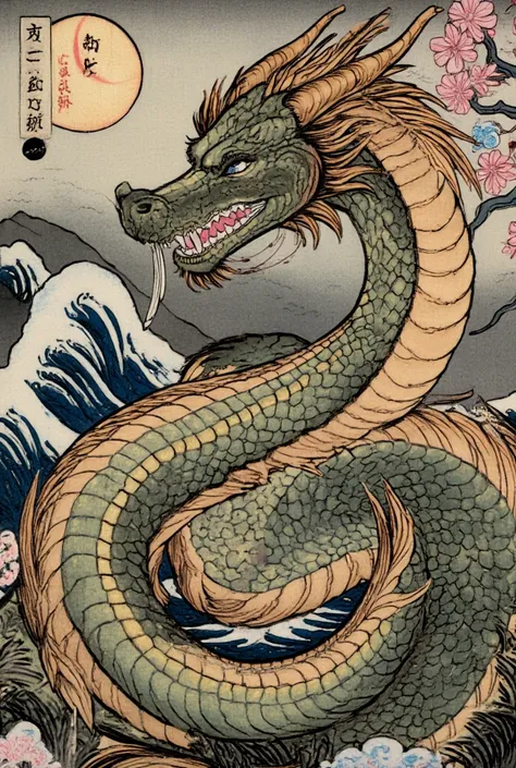 A majestic Japanese dragon coiled in an elegant and powerful pose, surrounded by a traditional Japanese backdrop. The dragon has intricate scales shimmering in shades of deep green and gold, with sharp, piercing eyes and flowing whiskers. The background fe...