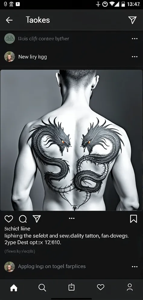 A tattoo of two dragons in blackword that descend from the shoulder blades to the legs