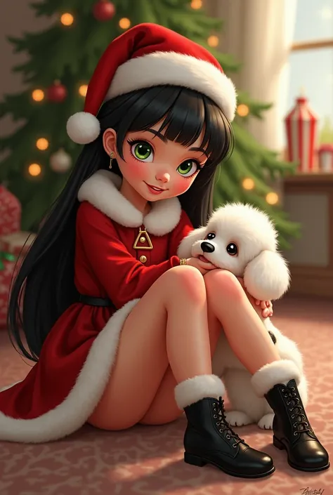 Disney girl,  white leather , green eyes, long black hair with fringes ,  wears a short red dress with a white plush edge, Wear a Christmas hat ,  wears black boots ,  poses on the floor on a carpet and in the background there is a Christmas tree, Hug a li...