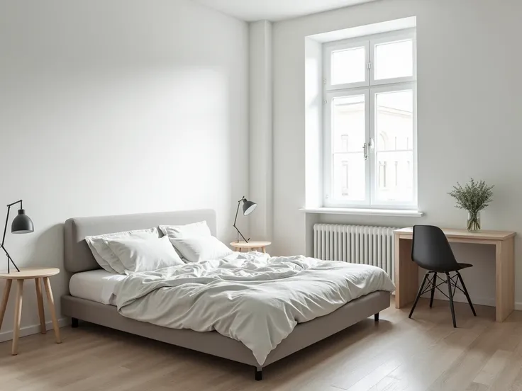 Realistic photographic style ，A bedroom in a white-toned studio medium minimalist-style apartment， The interior is a single bed with a light gray futon against a wall with a window， quilt not placed ，Somewhat messy ，Next to the bed is a small desk with a d...