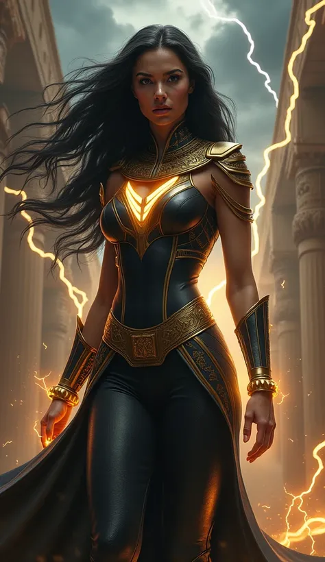 "Create a hyper-realistic image of a female version of Black Adam, with a strong, powerful presence. She stands tall with a muscular yet graceful physique, wearing a sleek black and gold costume inspired by ancient Egyptian armor. The outfit features intri...