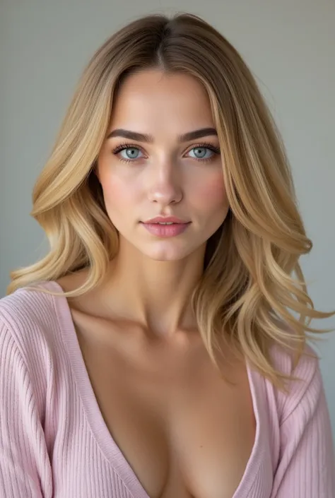 Create a realistic woman of approximately 26 years old with a magnetic aura, combined with a touch of empathy and like features on her face. Slightly wavy blond hair. She should have expressive almond-shaped blue eyes ((well detailed)). Her eyebrows should...